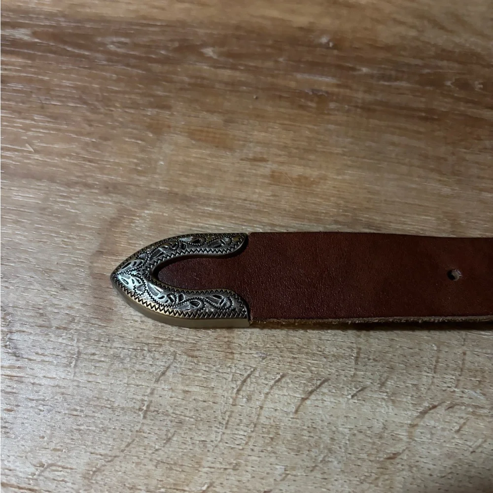 Urban Outfitters Brown Leather Belt with Engraved Silver Buckle